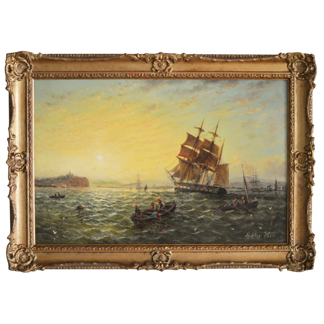 "Shipping at Sunset" Oil on Board by Adolphus Knell For Sale