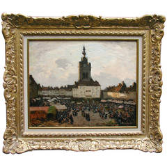 Antique "The Marketplace, Bethune" Oil on Canvas by Louis Braquaval