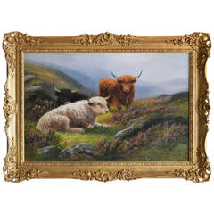 Antique "Highland Cattle" Oil on Canvas by Daniel Sherrin