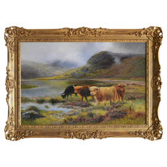 Antique "Highland Cattle by a Loch, " Oil on Canvas by Daniel Sherrin
