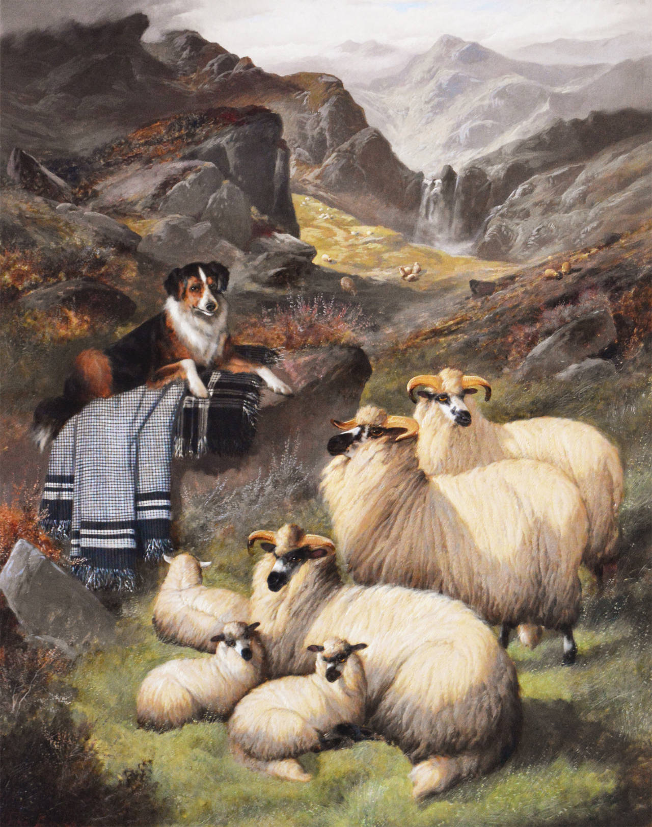 John Joseph Barker
British, (1811-1886)
Oil on canvas, signed
Image size: 50 inches x 40 inches 
Size including frame: 61 inches x 51 inches

A stunning, large scale painting of a sheepdog resting by a small flock of sheep, set against a