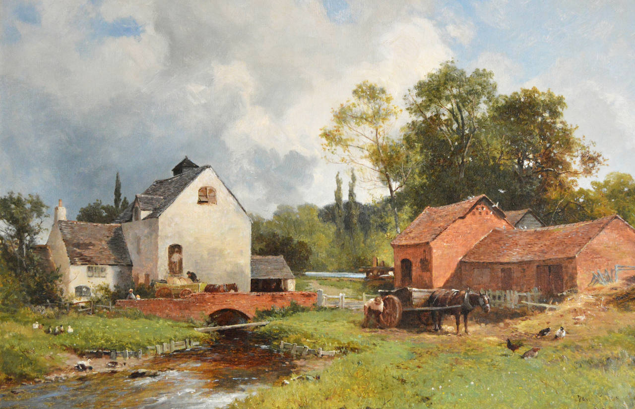 David Bates 
British, (1840-1921)
The Mill at Penns, Warwickshire
Oil on canvas, signed & dated 1894, inscribed on label verso
Image size: 16 inches x 24 inches 
Size including frame: 21¼ inches x 29¼ inches
Provenance: Richard Green

David