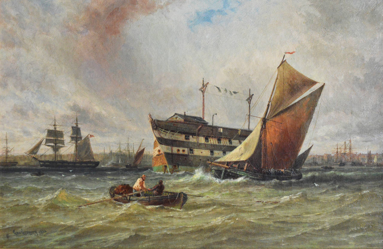 George Gregory 
British, (1849-1938)
Prison Hulk & Shipping off the Portsmouth Coast 
Oil on canvas, signed & dated 1898
Image size: 13 inches x 20 inches 
Size including frame: 18 inches x 25 inches

George Gregory was born in Cowes, on the