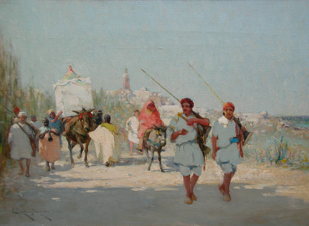 Edward Aubrey Hunt
American, (1855 – 1922)
Moorish Wedding
Oil on canvas, signed
Image size: 13 inches x 19 inches
Size including frame: 22 inches x 27.5 inches

Edward Aubrey Hunt was a landscape painter and orientalist born in Weymouth,