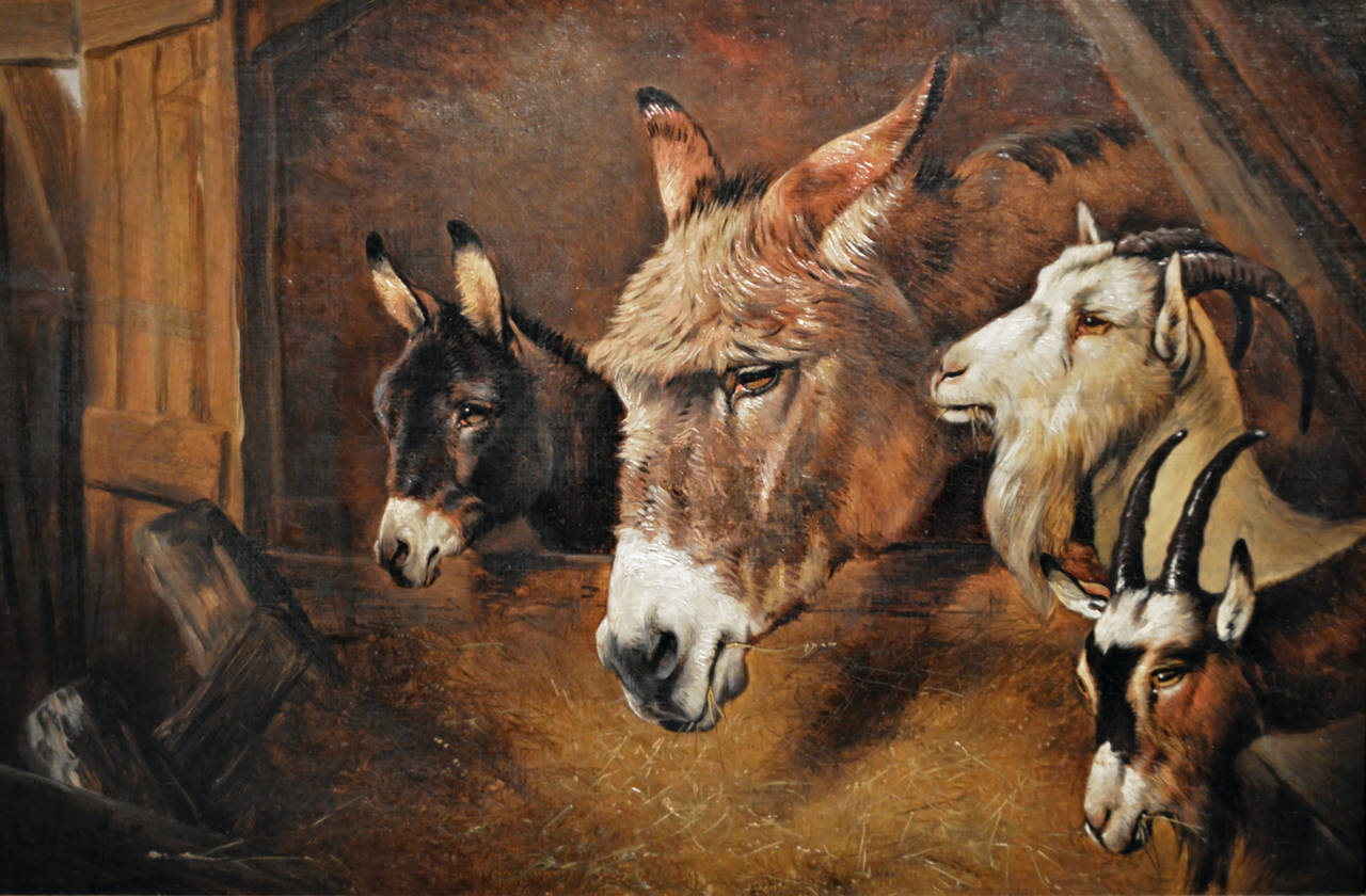 Alfred Wheeler
British, (1851-1932)
Farmyard Friends
Oil on canvas, signed & dated ‘93
Image size: 12 inches x 18 inches 
Size including frame: 17¾ inches x 23¾ inches

Alfred Wheeler was born near Bath in 1851. He was the son of the artist