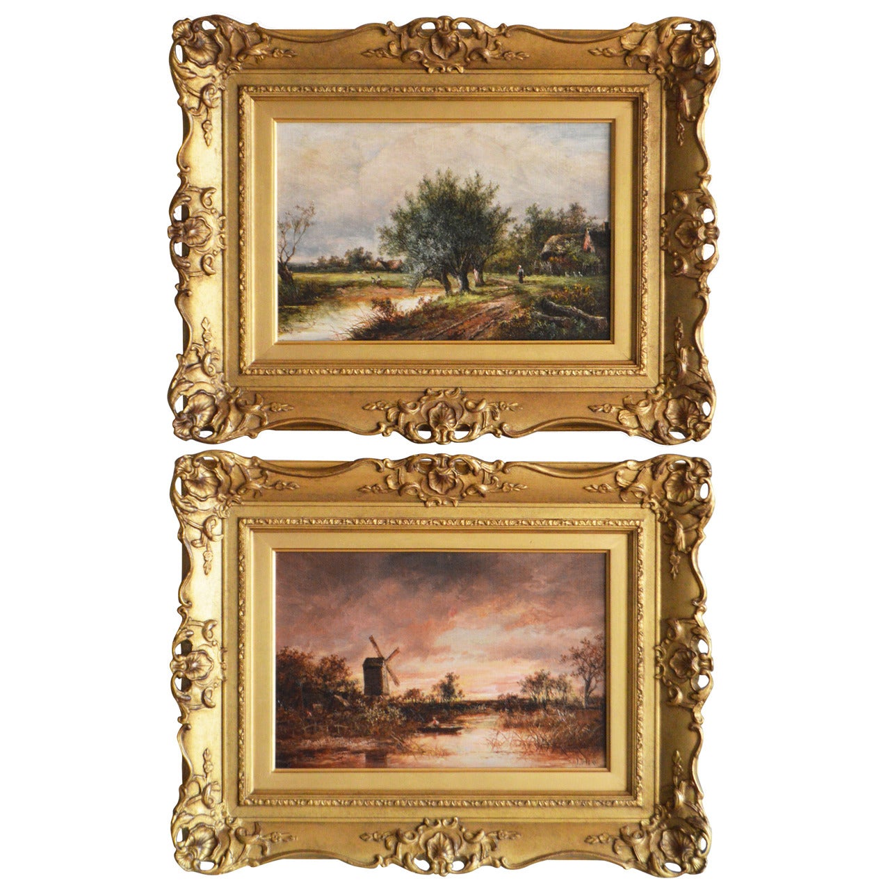 "A Country Cottage & By the Windmill, " Pair of Oil on Canvases by Joseph Thors For Sale