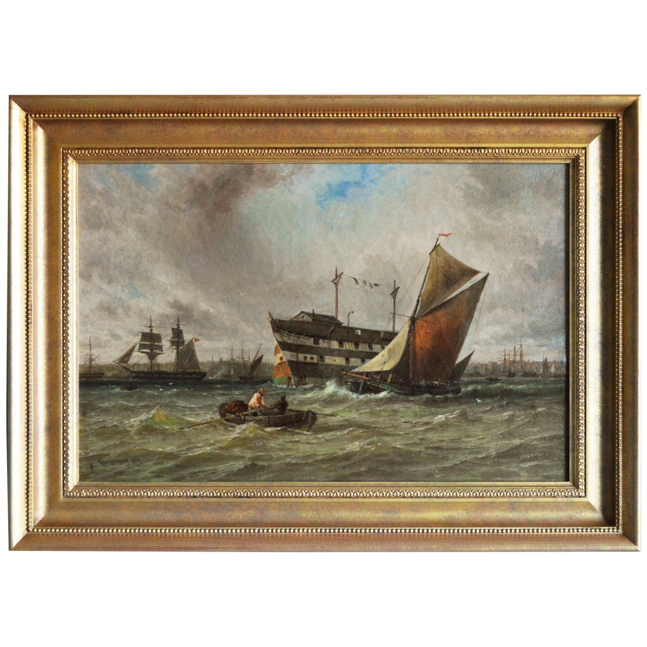 "Prison Hulk & Shipping off the Portsmouth Coast" Oil on Canvas, George Gregory For Sale