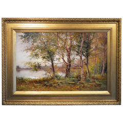 Antique Woodland Lake, Large Scale Oil on Canvas by Ernest Parton