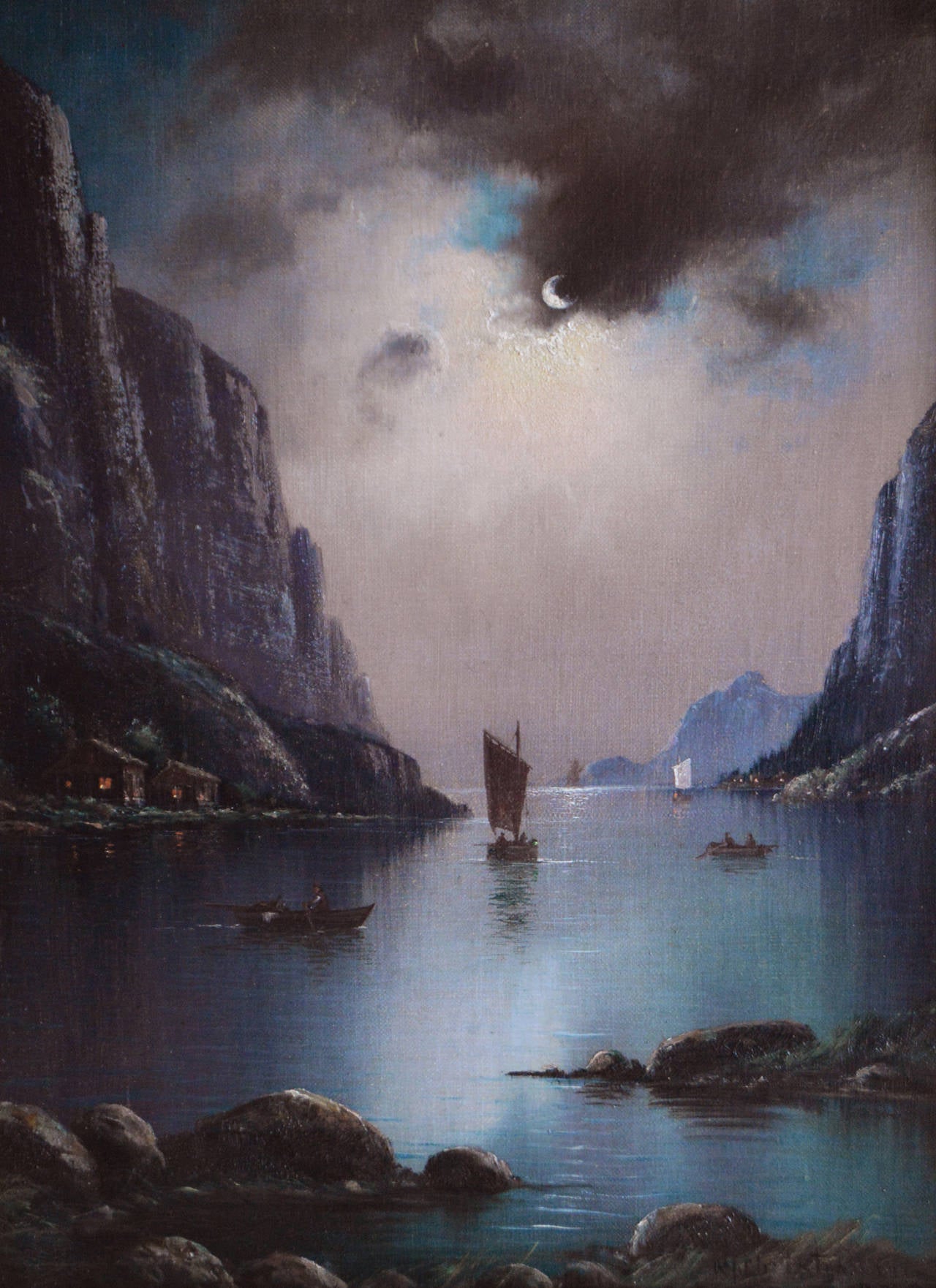 "Moonlit Fjord" Oil on Canvas by Nils H Christiansen