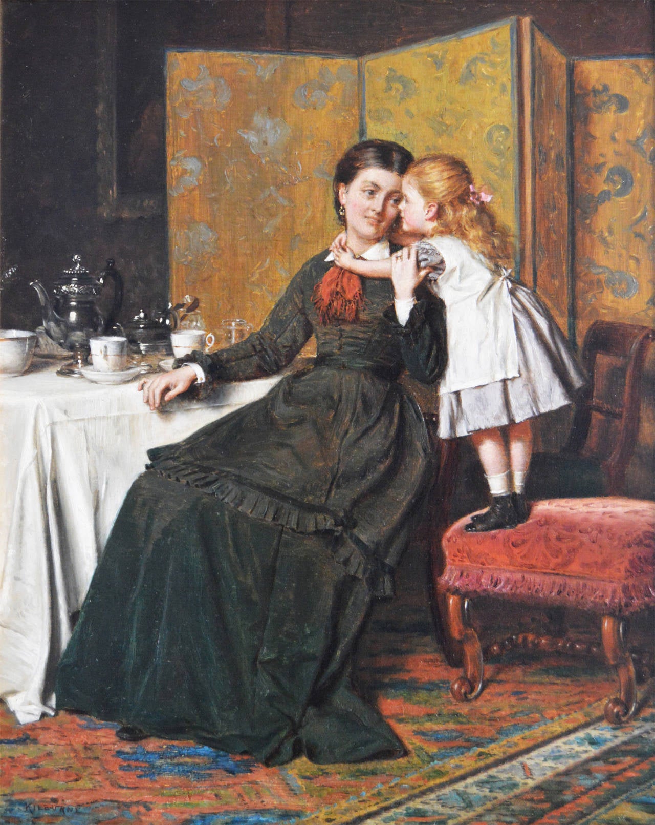 George Goodwin Kilburne
British, (1839-1924).
A Tender Moment
oil on canvas, signed.
Image size: 15¾ inches x 12¾ inches.
Size including frame: 20½ inches x 17½ inches.

George Goodwin Kilburne was a genre painter both in oil and watercolor