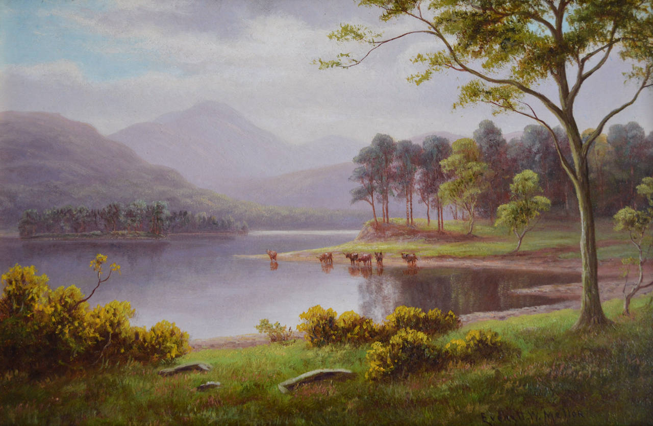 Everett Watson Mellor
British, (1878 - 1965)
Derwent Water
Oil on board, signed
Image size: 8 inches x 12 inches.
Size including frame: 14 inches x 18 inches

Everett Watson Mellor was a landscape painter in both watercolour and oil. Born in