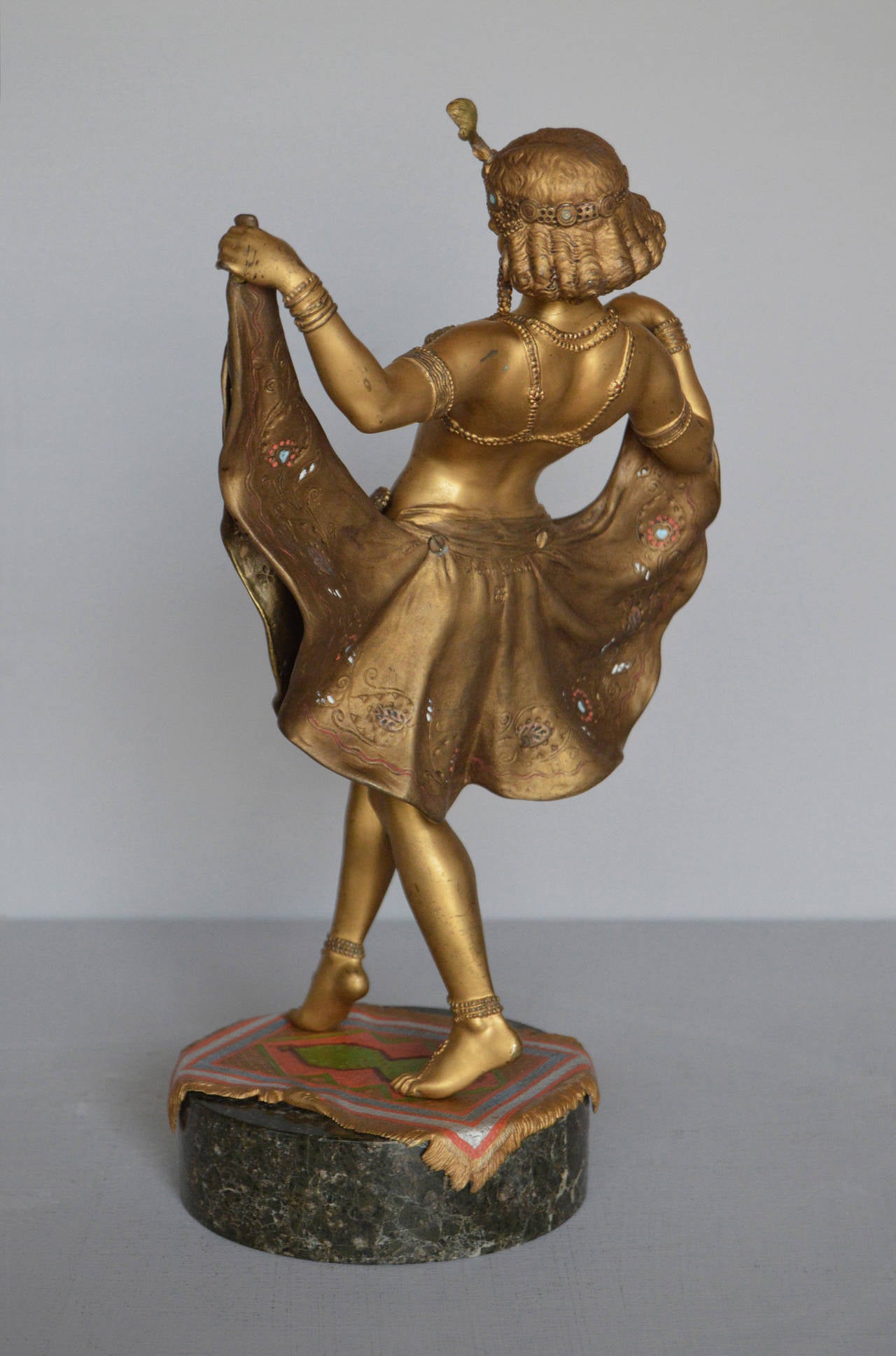 Franz Xavier Bergman
Austrian (1861-1936)
Bronze, signed ‘Nam Greb’ & ‘B’ in a vase.
Height: 13½ inches 
Width: 7¾ inches

Rare, large sized version of ‘Windy Day’, an erotic bronze figure of a young dancer, with fine cold painted decoration
