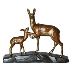 Art Deco Deer and Faun Bronze Sculpture by George H Laurent