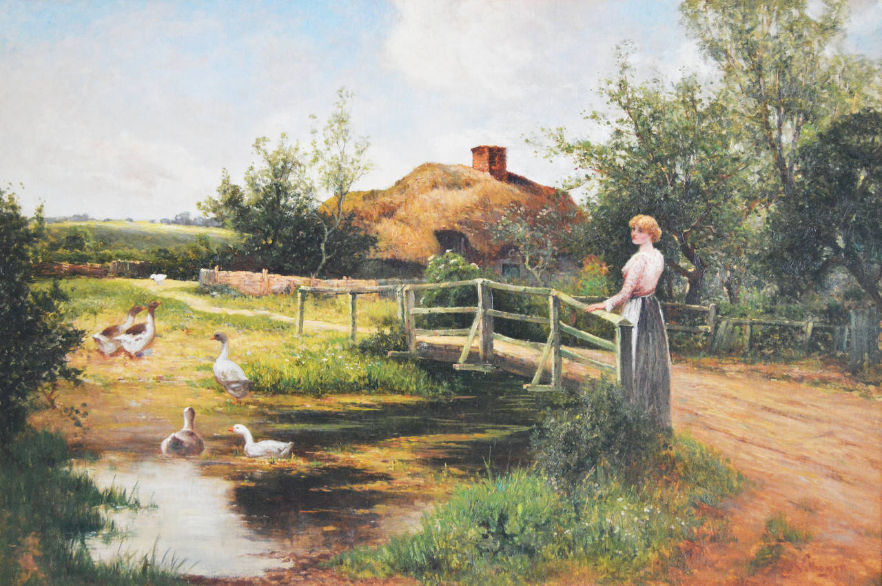Ernest Walbourn
British, (1872-1927)
By the Pond
Oil on canvas, signed
Image size: 24 inches x 36 inches
Size including frame: 31.5 inches x 43.5 inches

Ernest Walbourn was painter of landscape scenes often depicting young women and