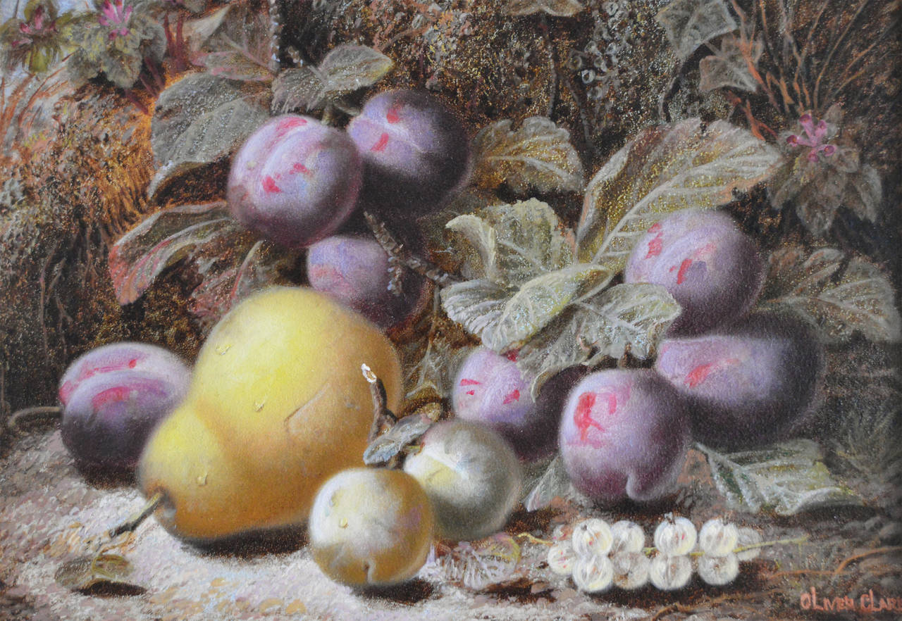 Still Life of Plums and Pear, Oil on Board by Oliver Clare