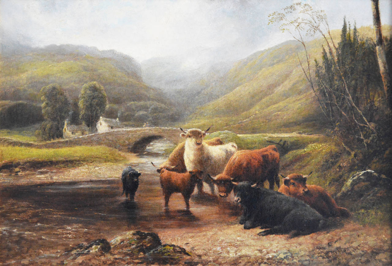 Victorian Cattle in the Highlands, Oil on Canvas by Robert Watson For Sale