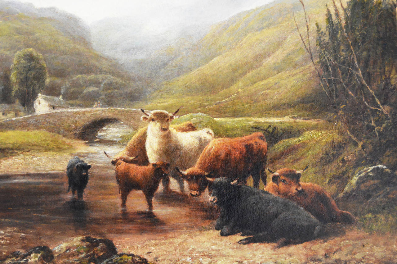 Robert Watson
British, (1865-1916)
Cattle in the Highlands
Oil on canvas, signed & dated 1883
Image size: 12½ inches x 18½ inches 
Size including frame: 18 x 24 inches

Robert Watson was a landscape artist who specialised in painting Highland