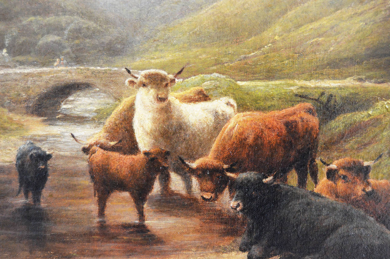 English Cattle in the Highlands, Oil on Canvas by Robert Watson For Sale