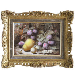 Still Life of Plums and Pear, Oil on Board by Oliver Clare