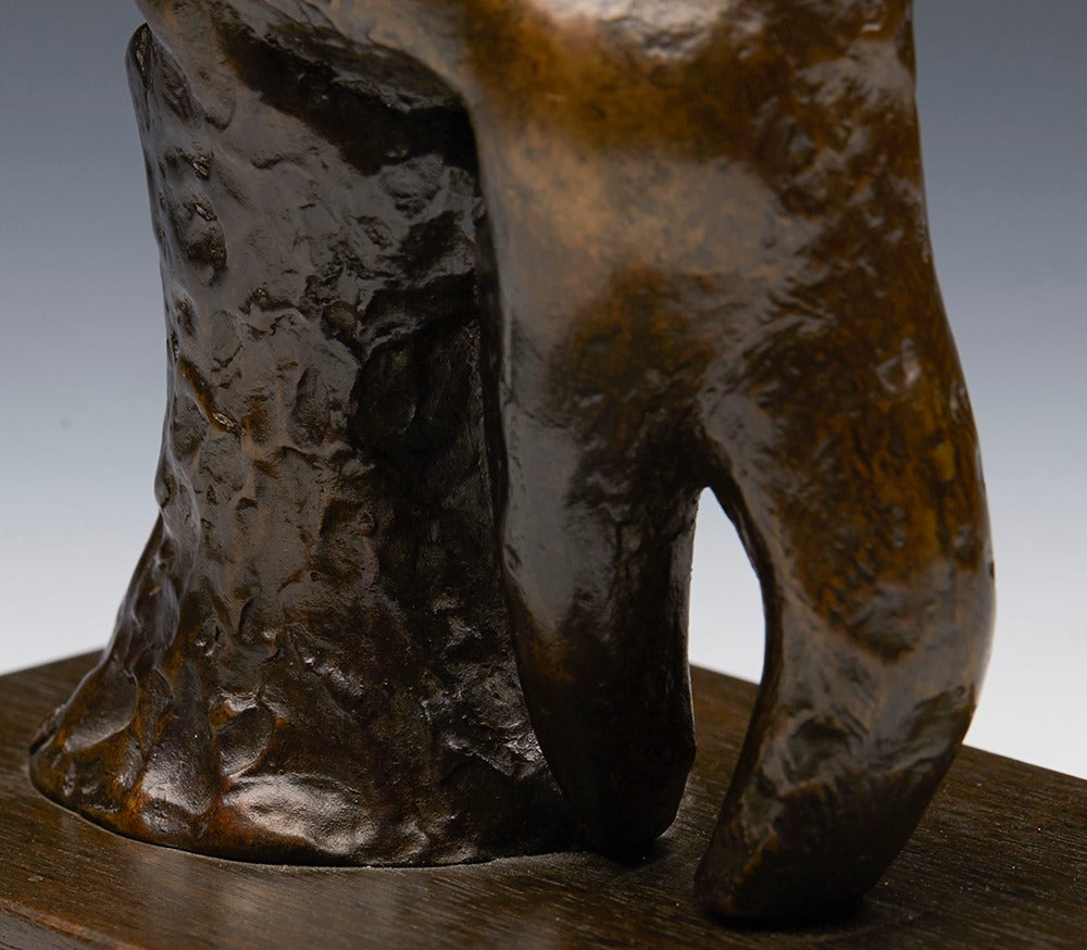 Lady & The Shrimp is a limited edition bronze modeled as a stylized seated lady holding a shrimp which appears to be sucking her neck and is mounted on a wooden rectangular base. With distinct Henry Moore influences the bronze has a textured and