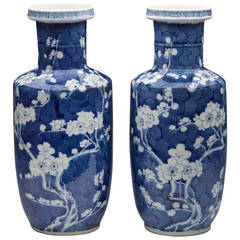 Pair of Antique Chinese Rouleau Kangxi Mark Prunus Flower Vases