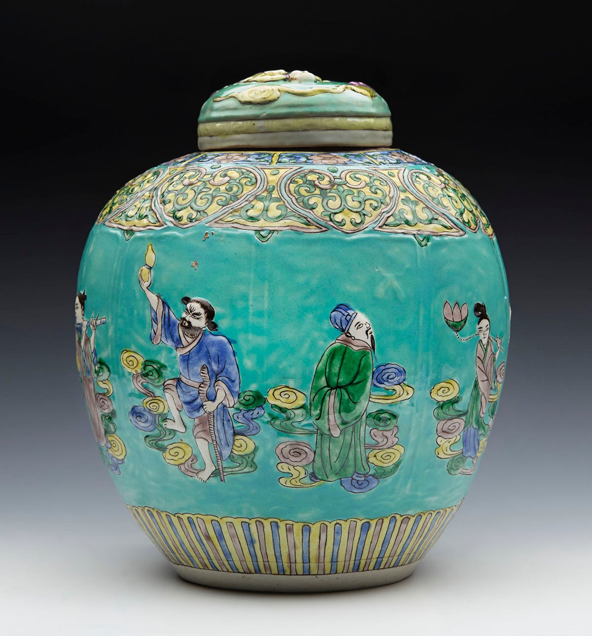 Antique Kangxi Mark Chinese Moulded Turquoise Ground Lidded Jar, 19th Century In Excellent Condition In Bishop's Stortford, Hertfordshire
