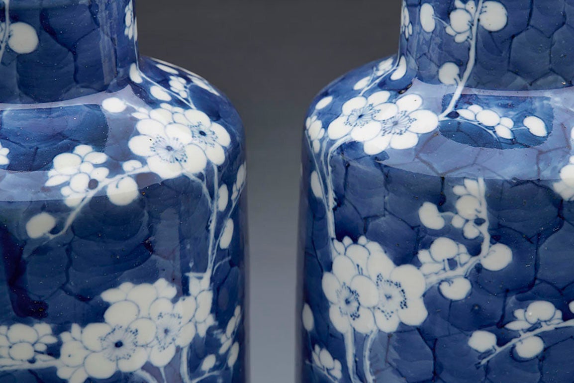 19th Century Pair of Antique Chinese Rouleau Kangxi Mark Prunus Flower Vases