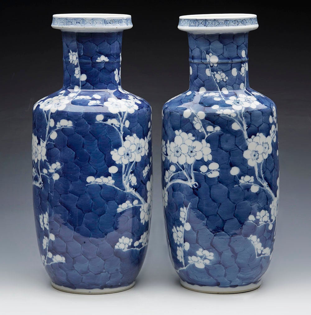 Porcelain Pair of Antique Chinese Rouleau Kangxi Mark Prunus Flower Vases