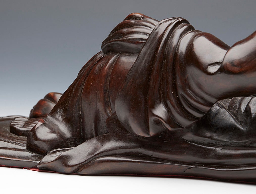 Antique Chinese Hardwood Reclining Immortal Figure, Early 20th Century For Sale 2