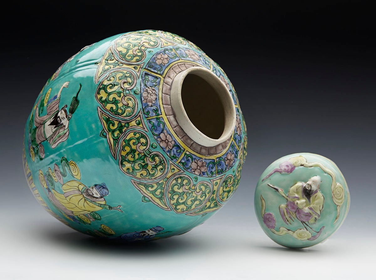 Antique Kangxi Mark Chinese Moulded Turquoise Ground Lidded Jar, 19th Century 2