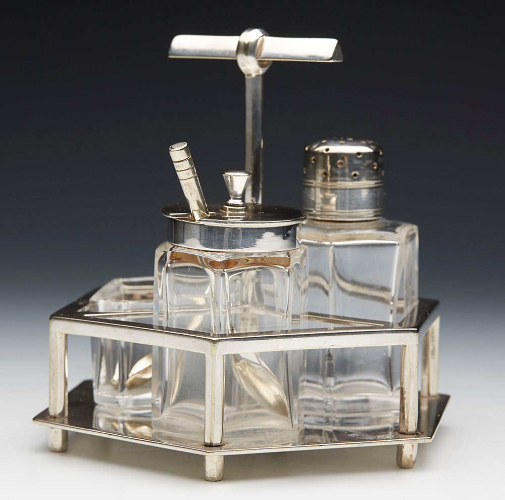 Silver Plate Signed Arts & Crafts Hukin & Heath Cruet Set by Christopher Dresser, circa 1878