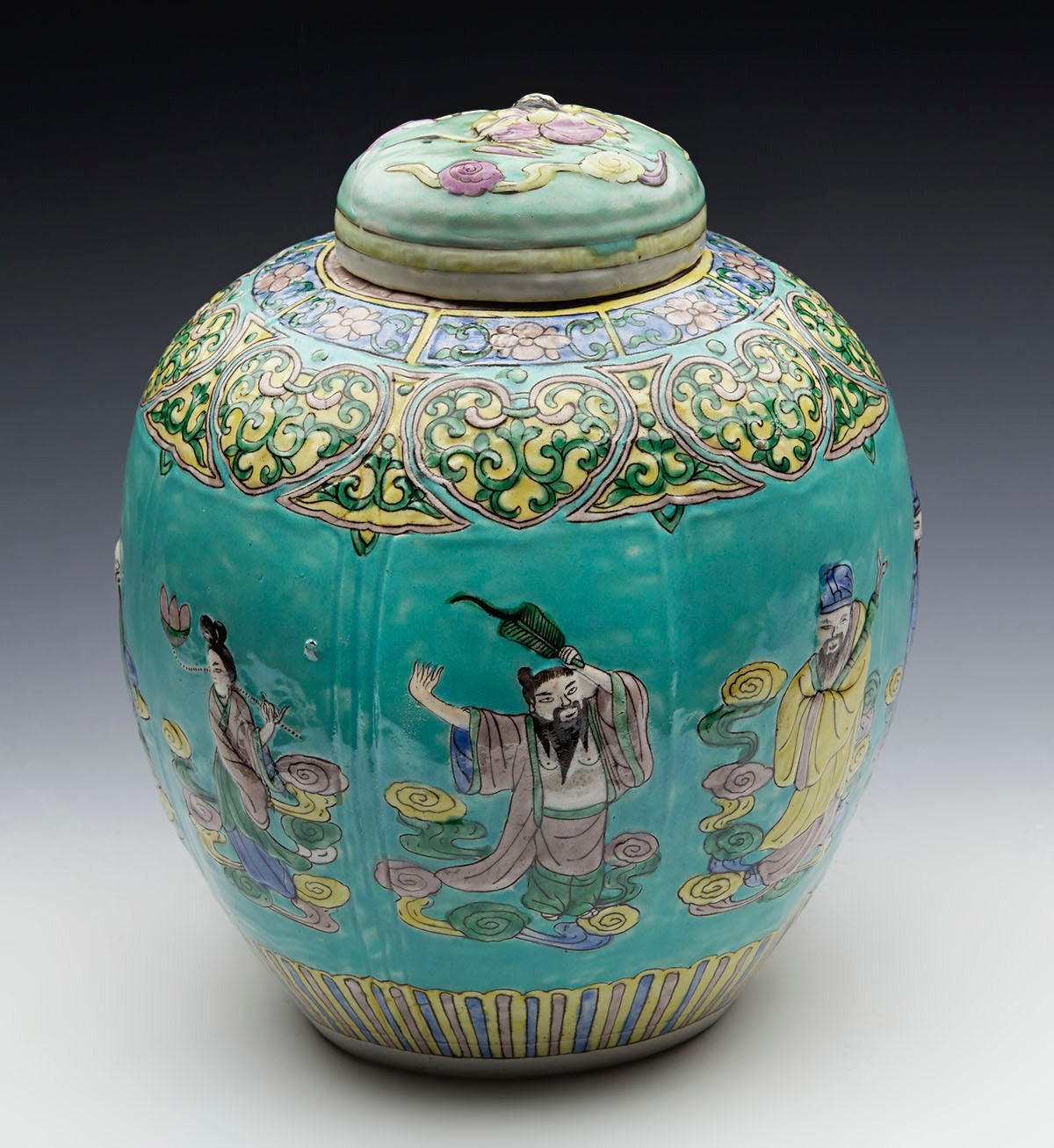 Antique Kangxi Mark Chinese Moulded Turquoise Ground Lidded Jar, 19th Century 4