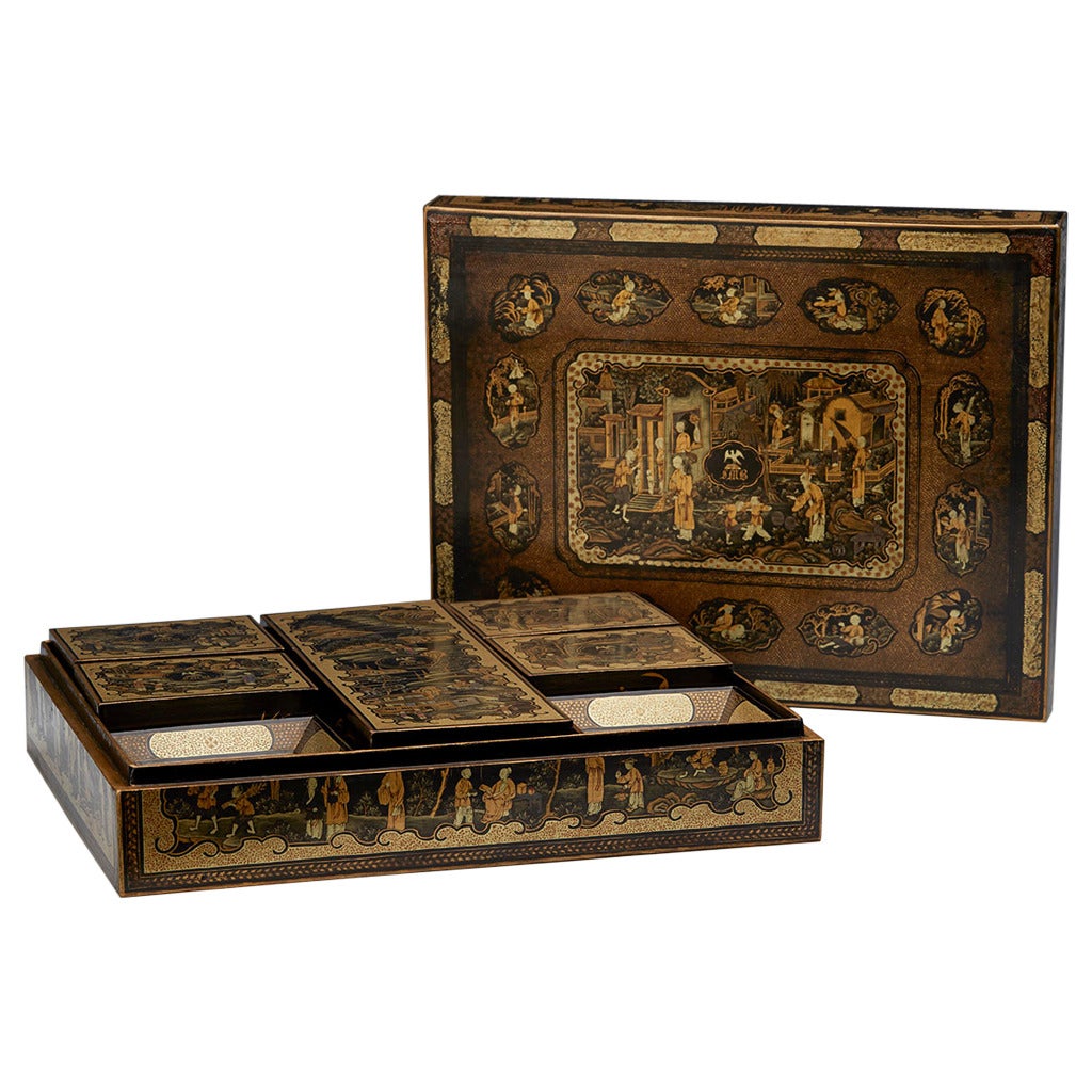Chinese Armorial Lacquer Games Box and Counters, circa 1840