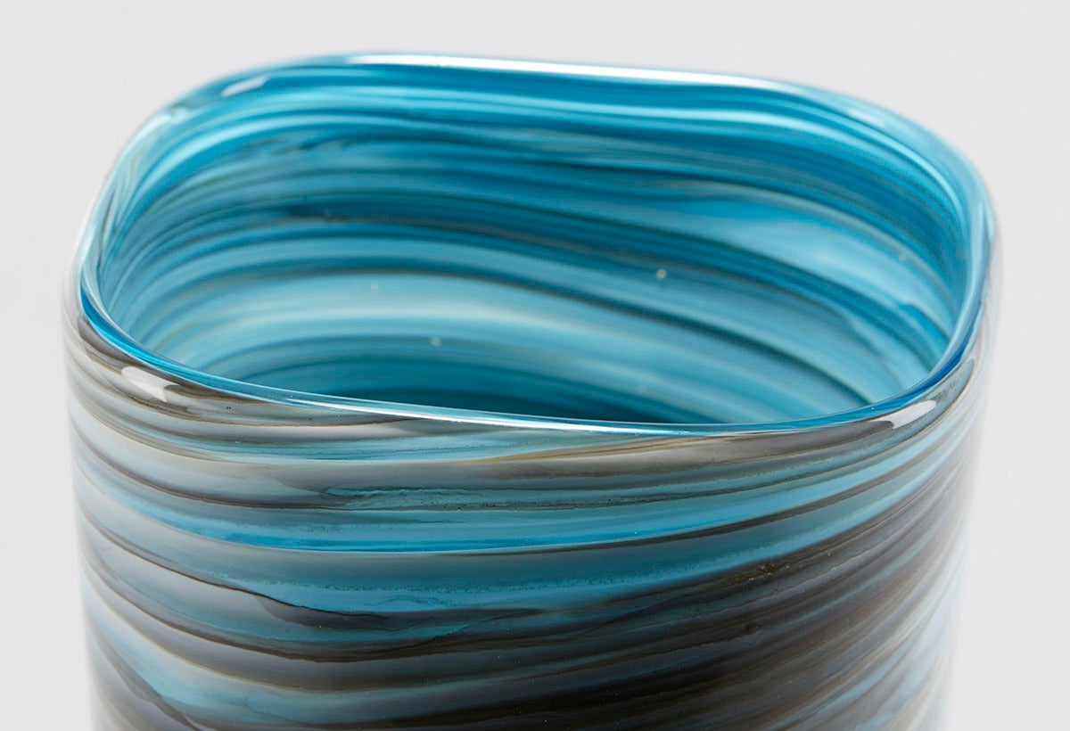 Murano handblown art glass vase by Gino Cenedese with clear glass body with an opaque coloured grey and blue glass swirl design running around the body of the vase. This large and heavily made vase has a rounded base tapering to a square shaped top