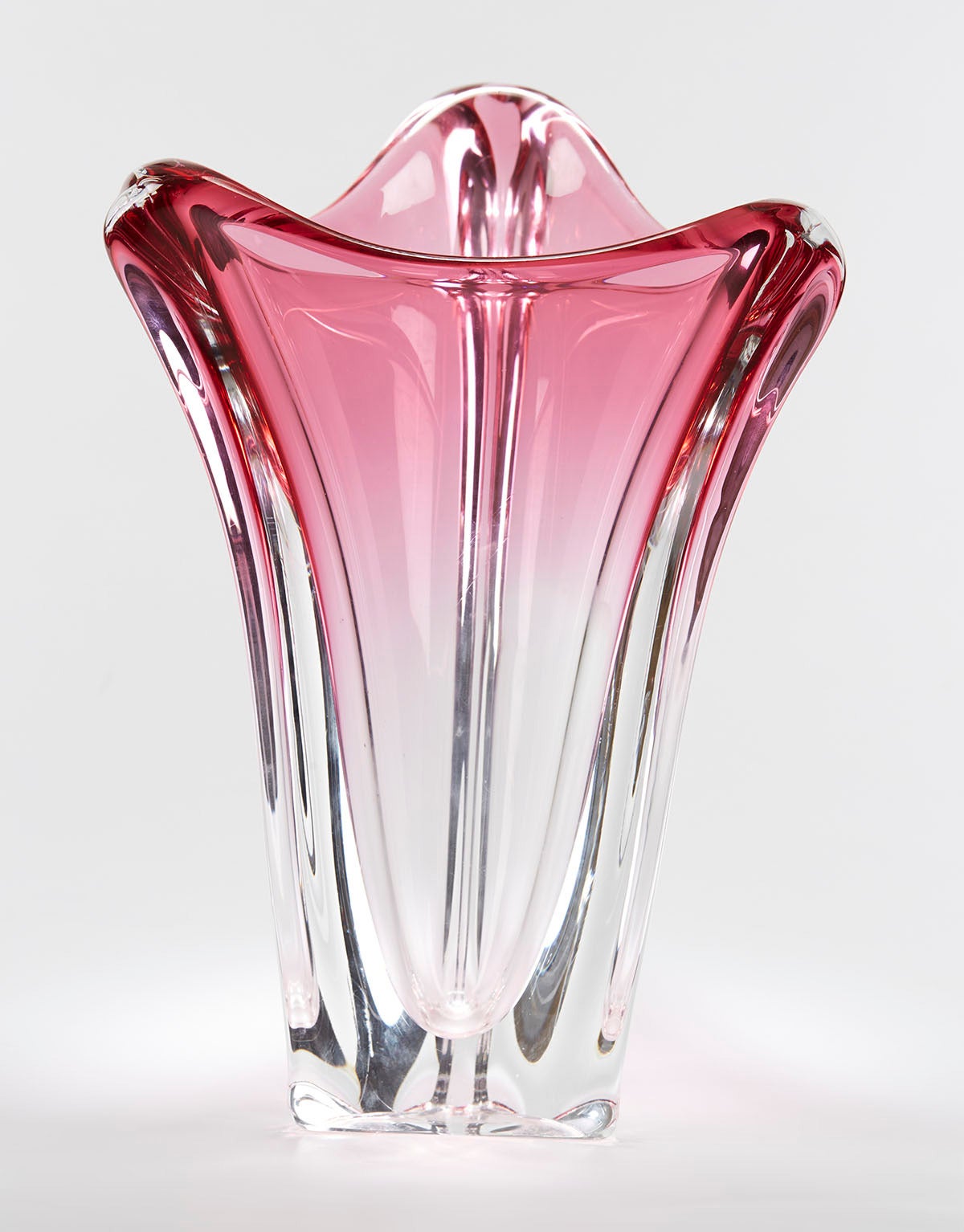 Large and impressive Belgian Val St Lambeth art glass vase with terfoil neck with graduated rose tinted glass to the upper section, the heavily made triangular base with a polished pontil and makers mark.

Founded in 1826 Val St Lambert is a