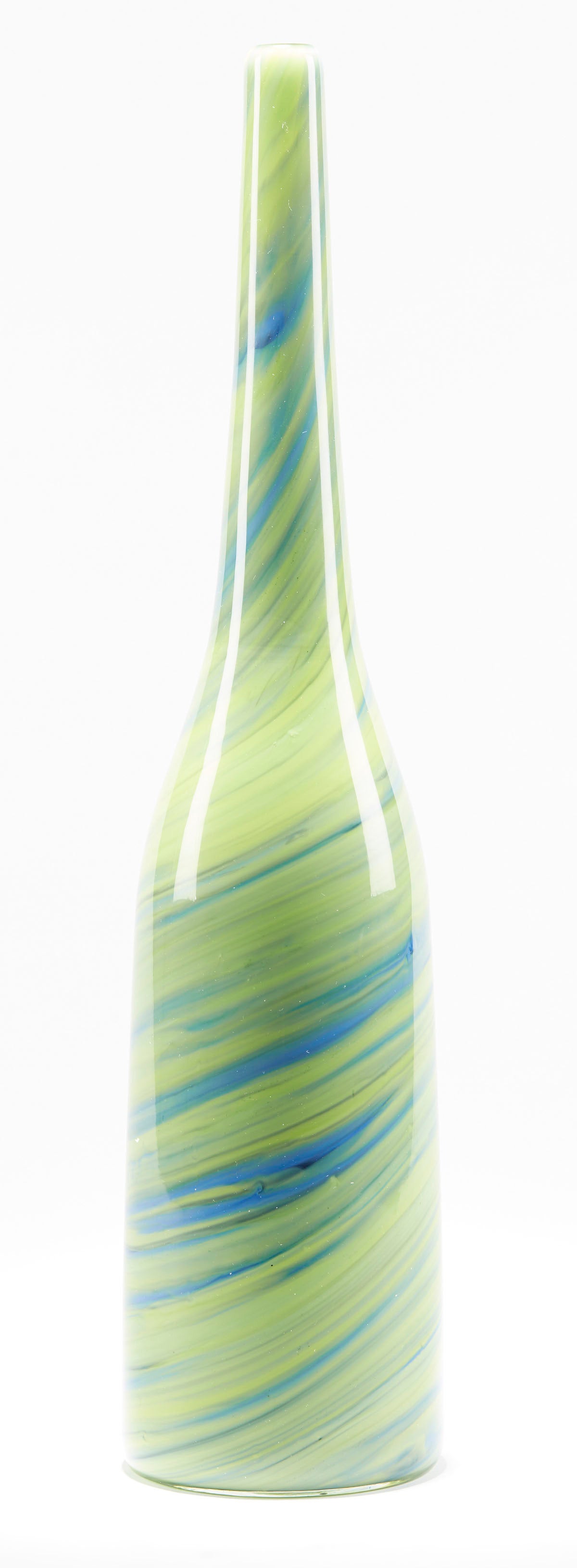 Murano handblown art glass bottle vase by Gino Cenedese with marbled green and blue glass body cased in clear glass. The heavily made vase has a flat polished and signed base. 

Gino Cendese is one of the most famous glass factories in Murano and