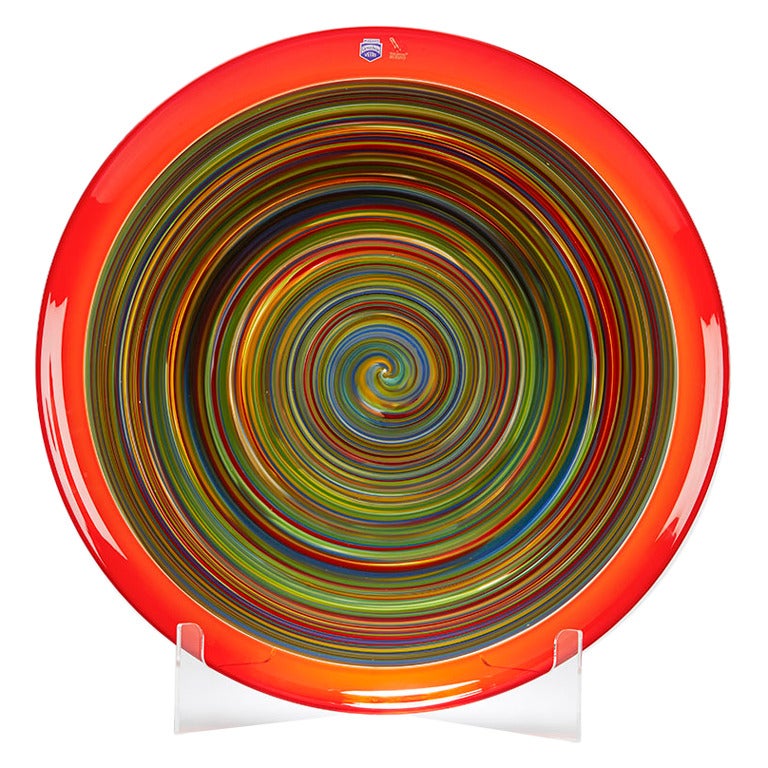 Italian Murano Gino Cenedese Signed, Swirl Design Red Art Glass Charger