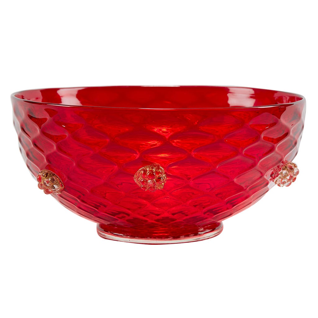 Italian Murano Red Art Glass Bowl with Berry Applications