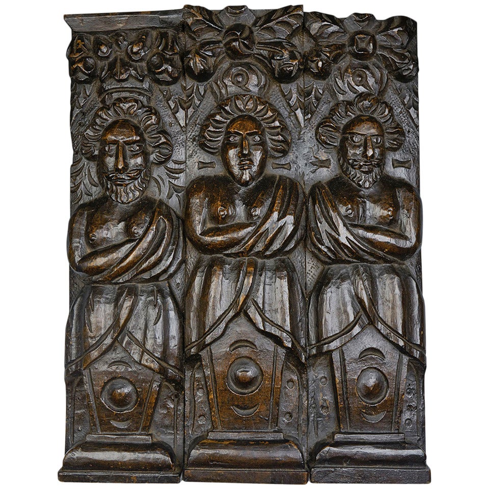 Antique Carved Architectural Wooden Figural Plaque, 17th Century
