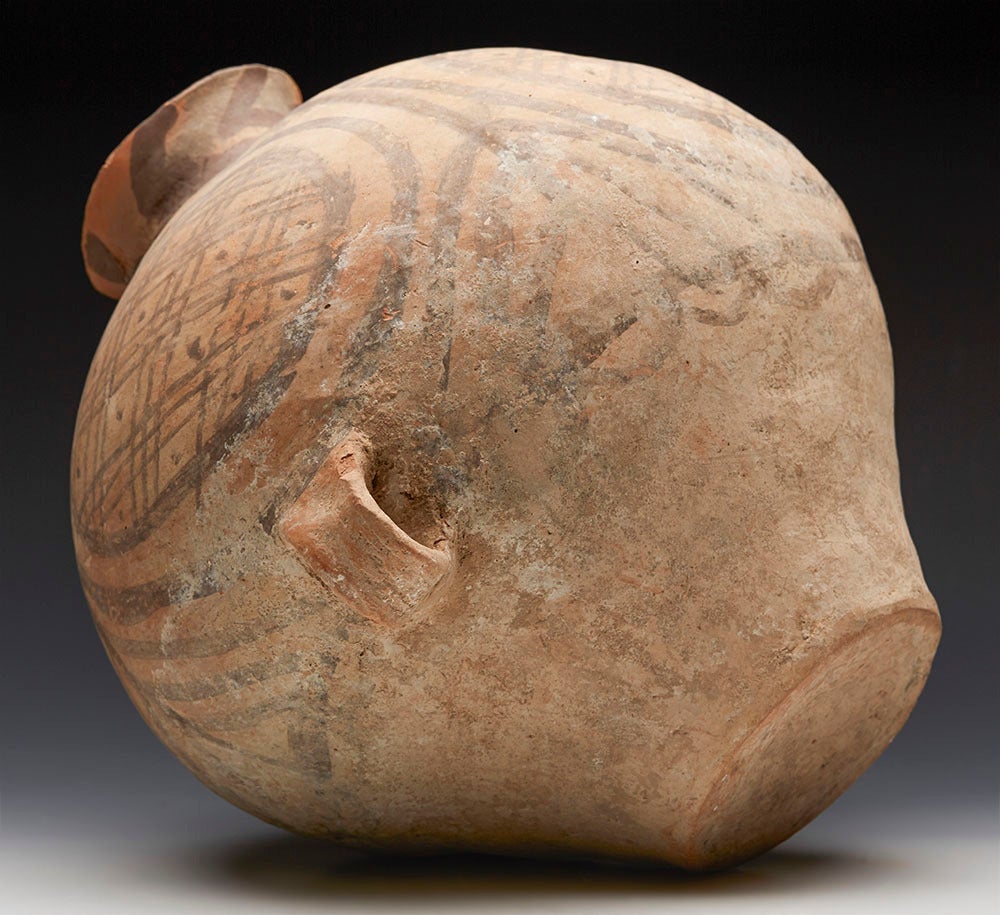 Hand-Crafted Neolithic Chinese Painted Terracotta Twin-Handled Jar, Third Millennium B.C.