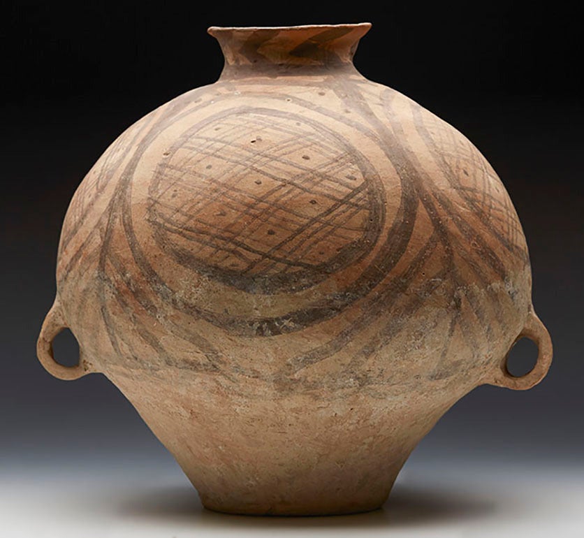 Pottery Neolithic Chinese Painted Terracotta Twin-Handled Jar, Third Millennium B.C.