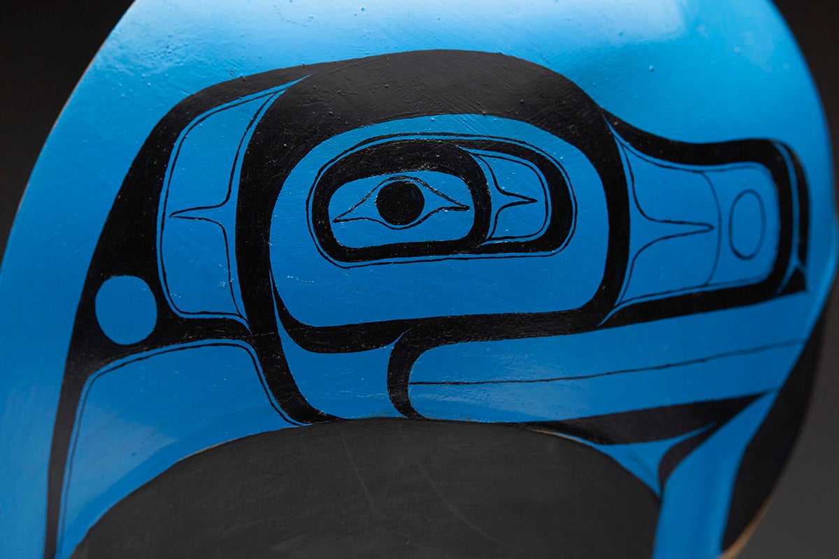 Originating from a private collection of Northwest Native American and related art is this fine unique Haida hand carved cedar wood moon mask hand painted in bright colours by Giitsxaa (Ron Wilson). The mask is carved in a modernist style with