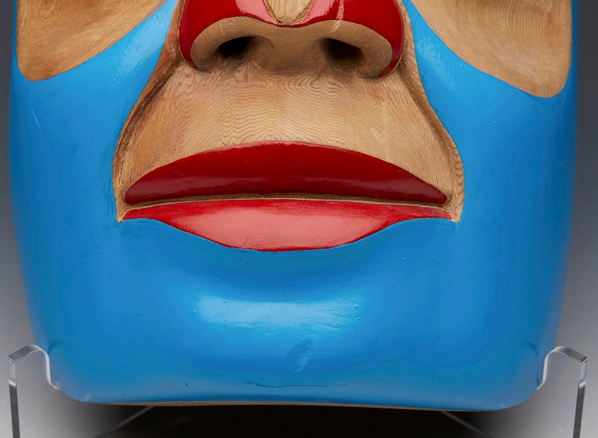 Native American Haida Painted Red Cedar Wood Carved Moon Mask by Giitsxaa 2004