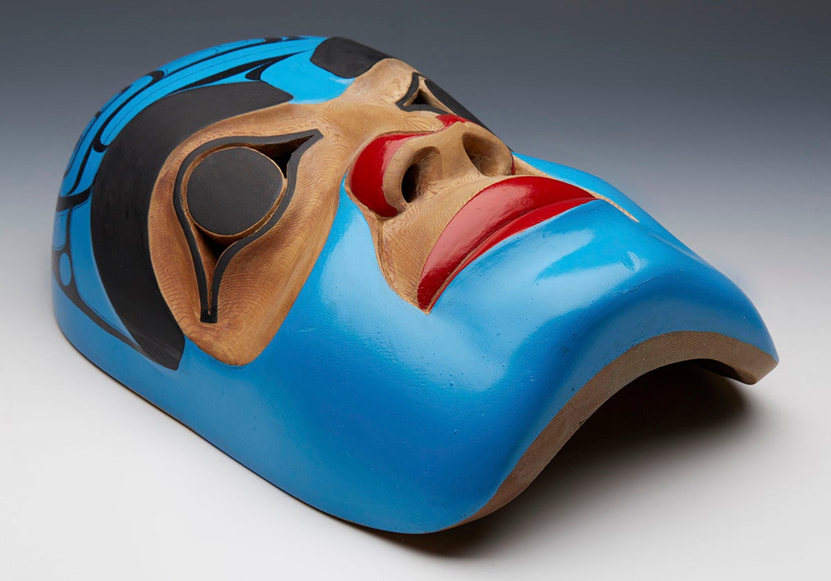 American Haida Painted Red Cedar Wood Carved Moon Mask by Giitsxaa 2004