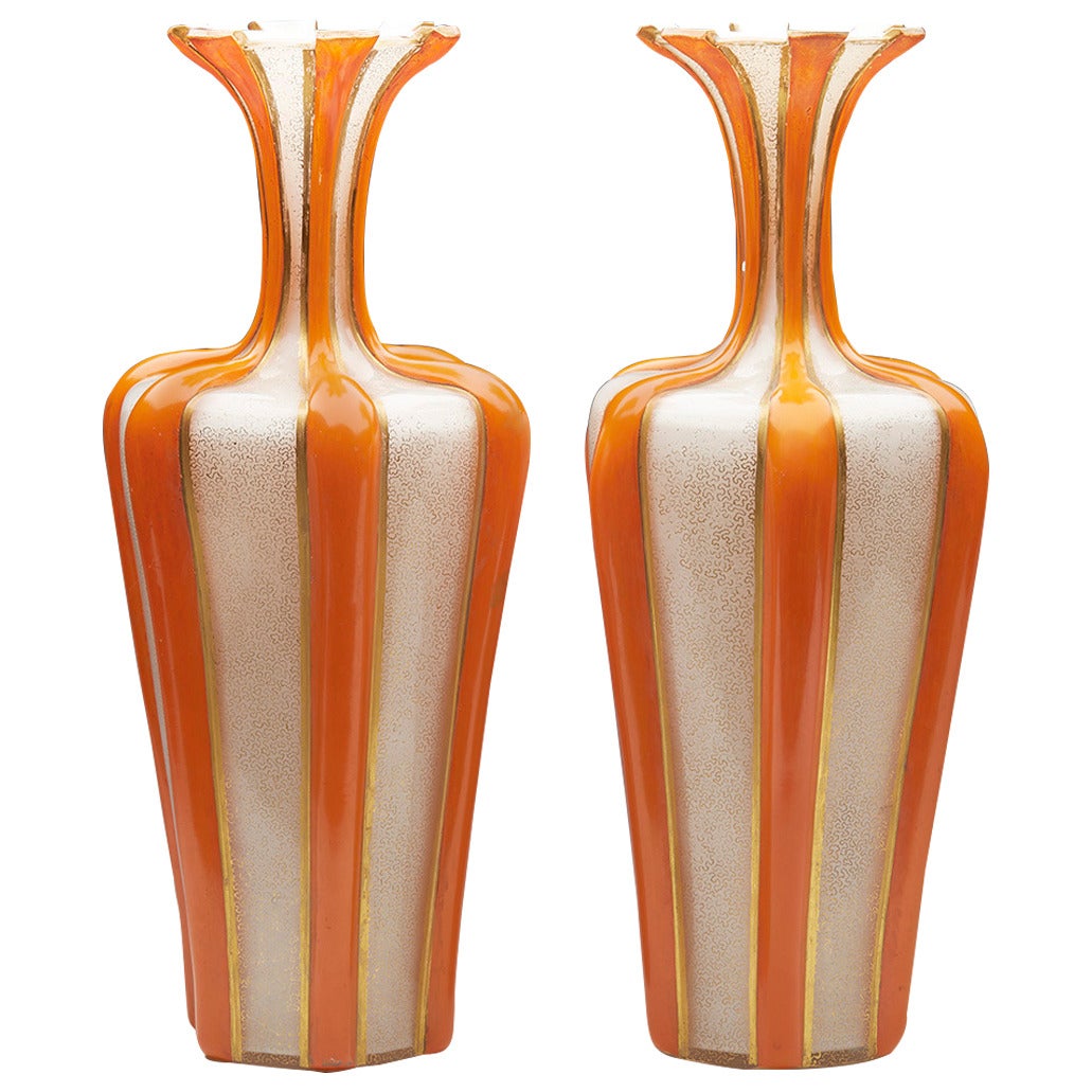 Antique Pair English Bohemian Orange Vermicular Glass Vases, circa 1855