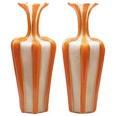Antique Pair English Bohemian Orange Vermicular Glass Vases, circa 1855