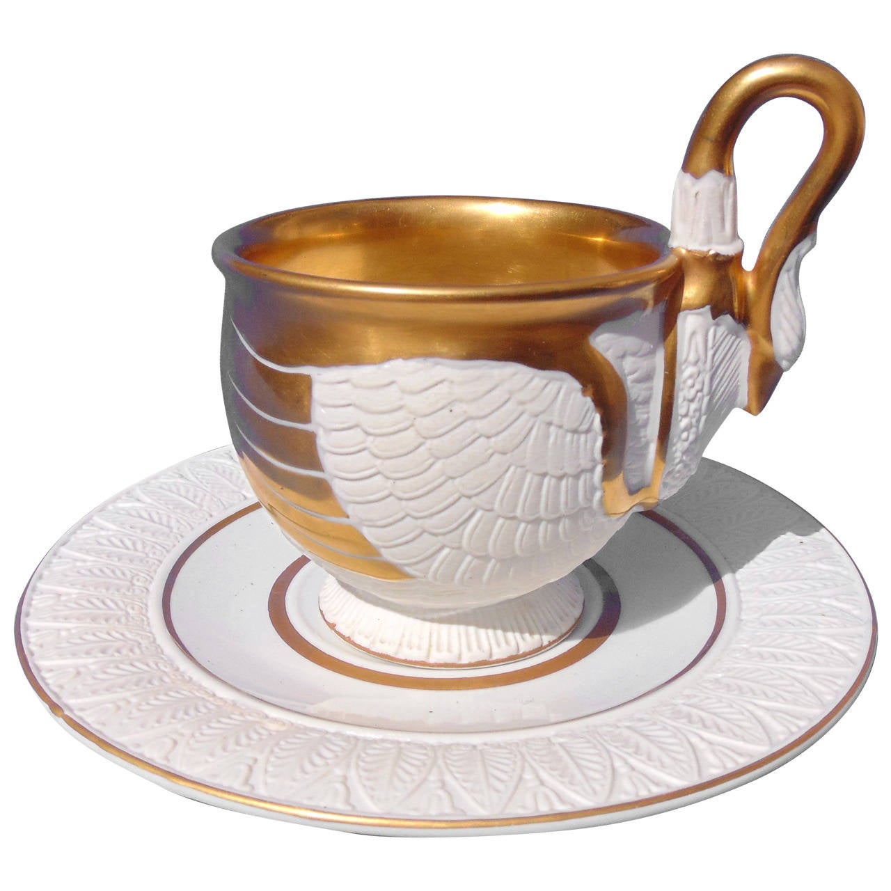 Antique Bisque Porcelain Swan Cup and Saucer by C. Tielsch and Co. For