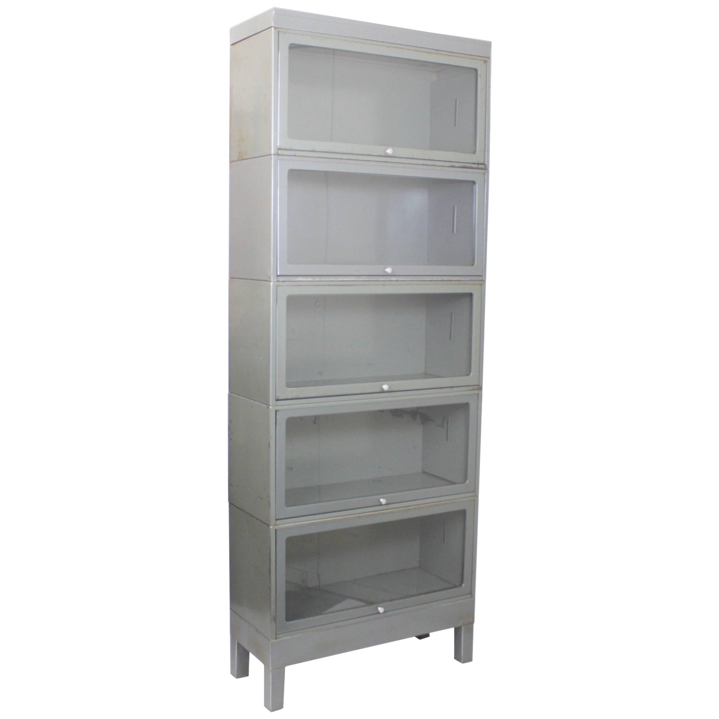 Vintage 1960s Industrial Five Stack Gray Steel Metal Barrister Bookcase For Sale