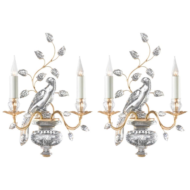 #40 Pair of 1930 style Maison Baguès bird wall sconces, two lights, in gilt gold.
Sconces are handed. Iron and crystal (UL listing available for an additional fee).
  