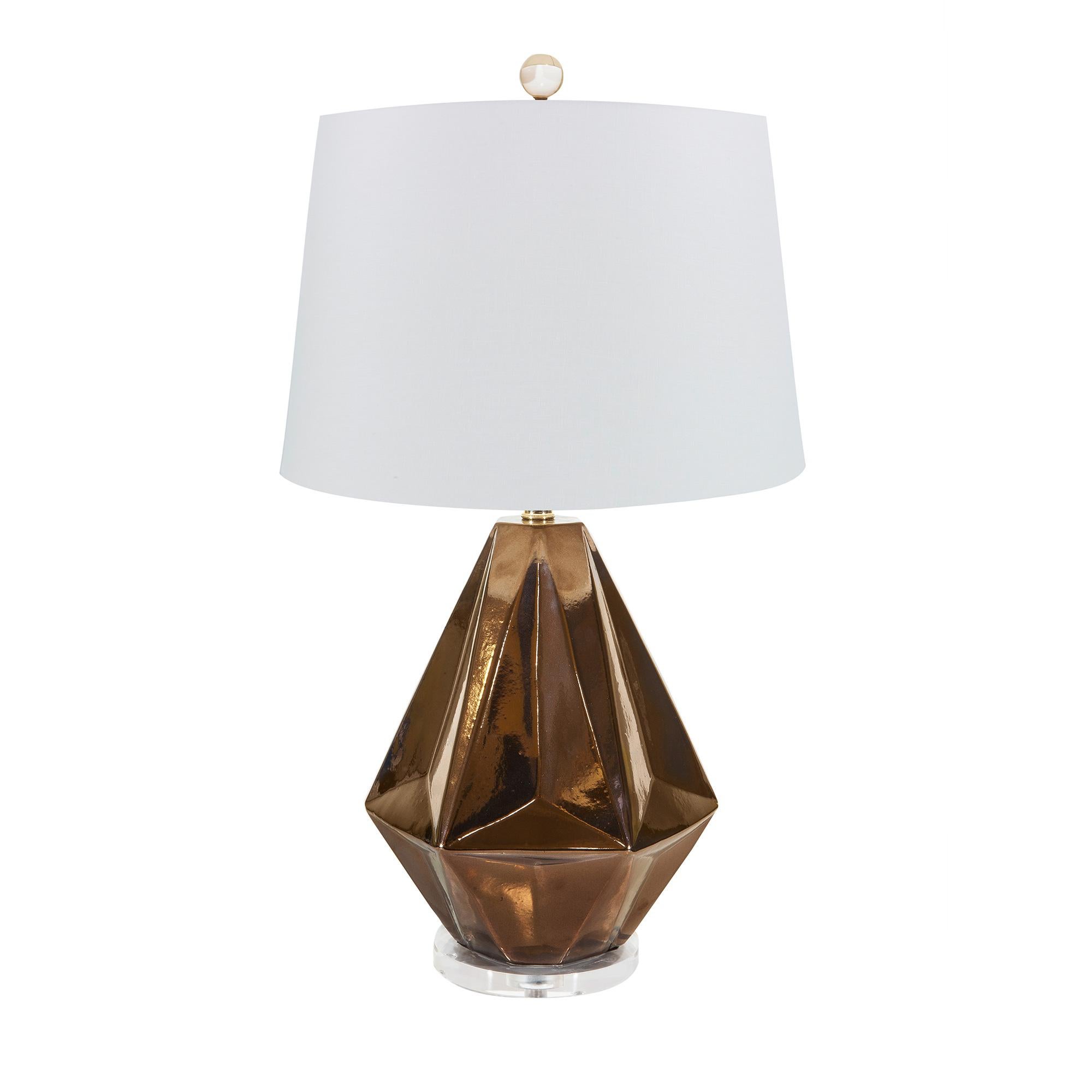 Brown (QR-16105.BRONZE.0) Liza Faceted Ceramic Table Lamp with Ivory Linen Shade by CuratedKravet